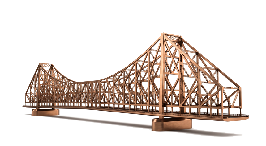 A copper arch bridge spanning the gap between two platforms